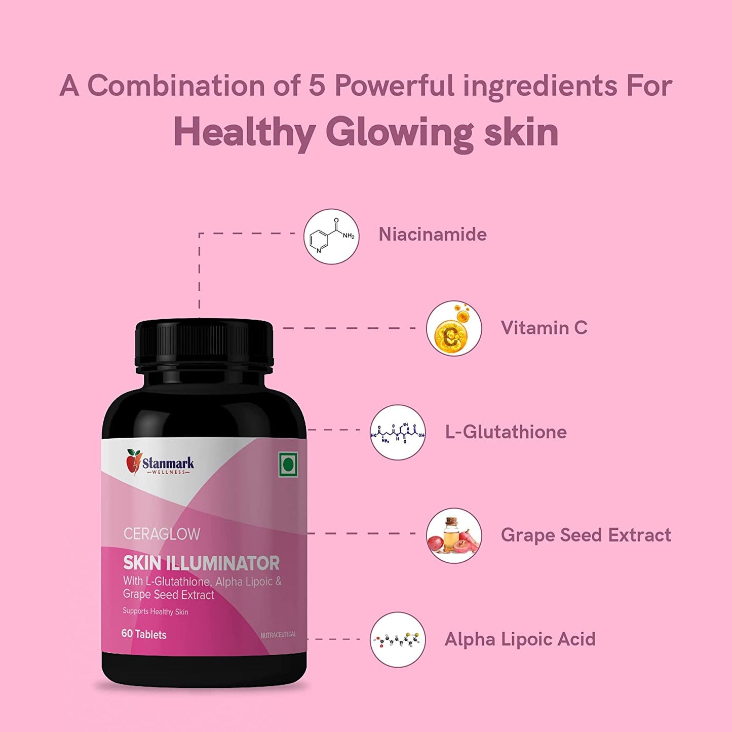 Ceraglow L-Glutathione + Niacinamide Skin Illuminator tablets - Stanmark Wellness